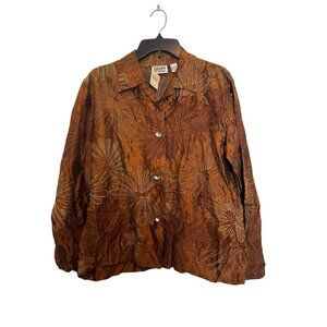 vintage Chicos Design Womens Button-Up Floral Embroidered Top Size 2 Brown Silk